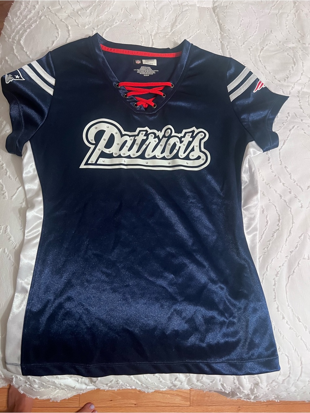NFL Patriots Navy Short Sleeve Lace-Up Jersey with Red Trim